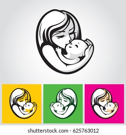 Mother and child - beautiful vector illustration, graphic image, computer icon, label design element. Monochrome colors.