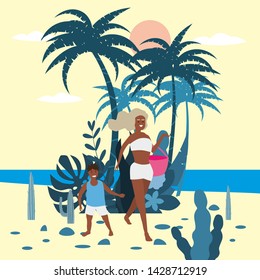 Mother with child boy in bikini with beach bag on background of exotic plants of palm sea, ocean, beach. Trend modern flat cartoon, vector, isolated, poster