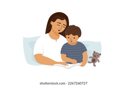 Mother and child boy reading a book with pillow and a dall, flat vector illustration.
