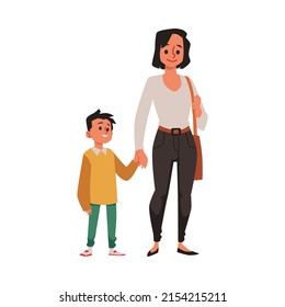 Mother and child boy walking together holding hands, flat cartoon vector illustration isolated on white background. Smiling happy mother and son walk.