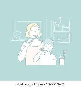 The mother and child are brushing together. hand drawn style vector doodle design illustrations.