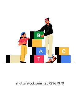 Mother And Child Building Blocks Together In Flat Vector Illustration Symbolizing Family Bonding, Learning, And Fun, Isolated On White Background