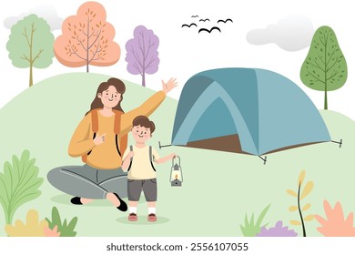 A mother and child camping in a scenic park with a tent, surrounded by trees, hills, and wildlife, vector illustration.