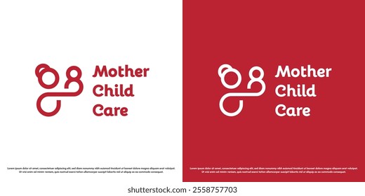 Mother child care logo design vector illustration. Silhouettes of people family motherhood mother child kid support. Simple minimal geometric modern feminine calm gentle maternal vector icon symbol.