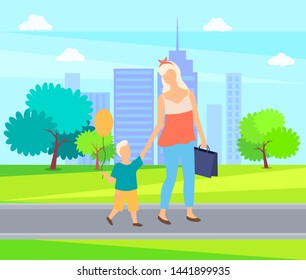 Mother and child cartoon style people walking in city park. Vector boy with air balloon and woman with briefcase, motherhood concept, mom and son