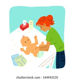 Mother With Child Changing Diaper