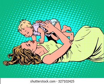 Mother child childhood motherhood happy pop art retro style