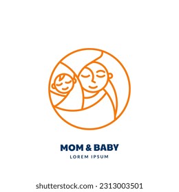 Mother and child circle logo sign design template. Abstract line emblem with woman and newborn kid. Vector simple outline illustration. Maternity and baby care concept