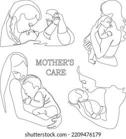 Mother and child collection. Abstract mother with a child in continuous one line drawing art style. Mother`s Day card. Woman hugging her baby. Happy motherhood concept. Modern illustration