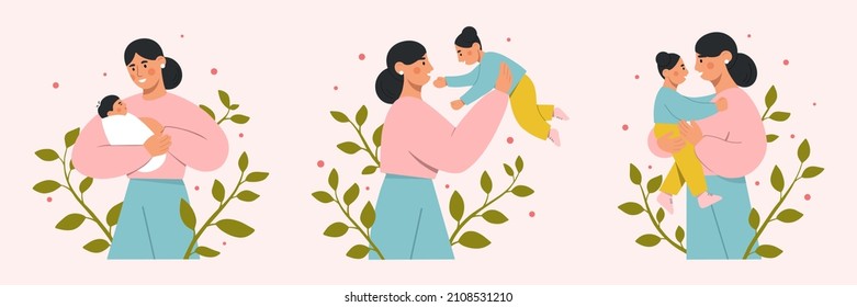 Mother and child collection. Beautiful woman holding her cute baby in arms. Happy Mother's Day. Flat vector illustration.