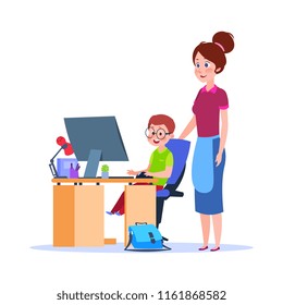 Mother And Child At Computer. Mom Helping Boy With Homework. Cartoon School Education Vector Concept. Illustration Of Mother And Child, Education And Studying Homework