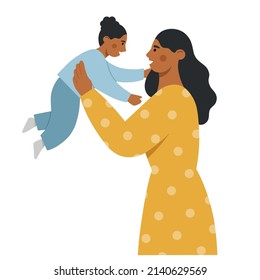 Mother and child concept. Beautiful african american woman holding her cute baby in her arms. Happy Mother's Day. Modern maternity. Flat vector illustration.