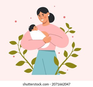 Concepto de madre e hijo. Mujer hermosa sosteniendo a su lindo bebé en brazos. Feliz Día de la Madre. Ilustración vectorial plana.