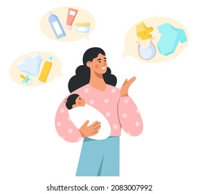 Mother and child concept. Beautiful woman holding her cute baby in arms. Assortment of goods for the child. Kids' things. Flat vector illustration on white background.