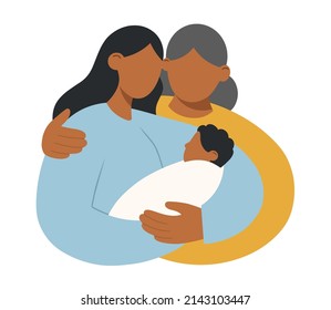 Mother and child concept. Old african american mother and her beautiful daughter holding cute baby in arms. Happy family together. Mother's Day. Flat vector illustration.