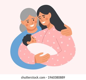 Mother and child concept. Old mother and her beautiful daughter holding cute baby in arms. Happy family together. Mother's Day. Flat vector illustration.