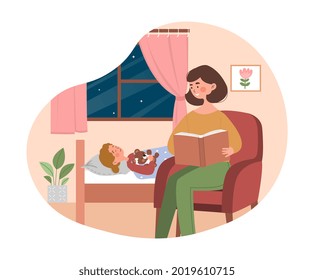 Mother and child concept. Woman holds book and tells bedtime story her little daughter. Maternal love and care. Put to bed to sleep. Cartoon flat vector illustration isolated on a white background