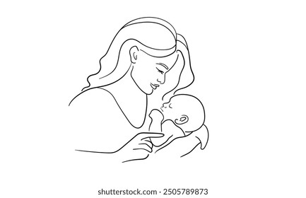Mother and child continuous line art drawing isolated on white background. Mother day. Vector illustration