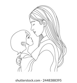 Ilustración vectorial de línea continua madre e hijo. Dibujo de madre e hija de fondo blanco.