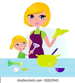 Mother with child cooking healthy food in kitchen Mother and daughter cooking. Vector Illustration isolated on white.