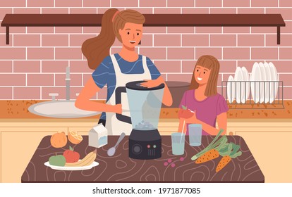 Mother and child are cooking smoothie or juice in blender. Proper healthy nutrition and vegetarianism concept. Process of cooking vegetarian meal. Female characters mix fruits for drink in kitchen