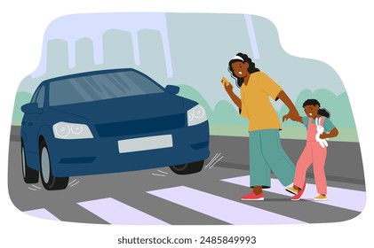 Madre E Hijo Cruzando La Calle En Un Cruce Mientras Un Coche Se Acerca. La Madre Sujeta A Su Hijo Con Fuerza, Mientras Usa Un Teléfono Inteligente, Enfatizando La Seguridad Vial Y La Conciencia. Ilustración vectorial