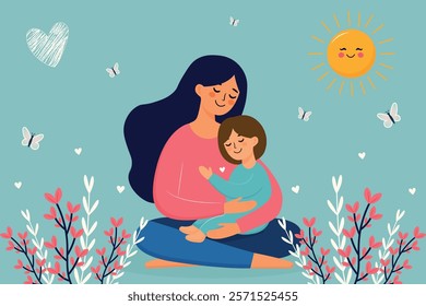 Mother and child cute hand drawn vector illustration with flowers and butterflies