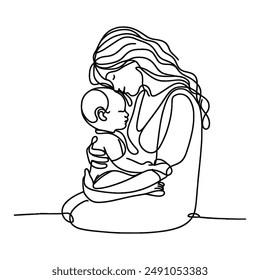 Mother and child depicted in an intimate moment through continuous line drawing.