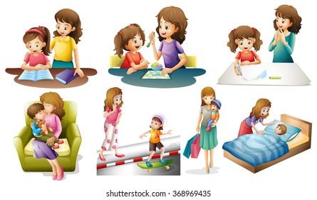 Mother   child in different actions illustration