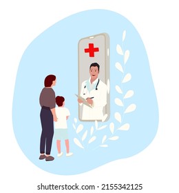 Mother And Child At Doctor By Mobile Application  For Smartphone. Telemedicine Flat Vector Illustration 