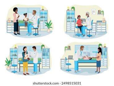 Mother with child at doctor's office. Friendly doctor examining child. Pediatrics. Set of vector illustrations in flat style.