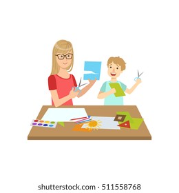 Mother And Child Doing Applique Together Illustration