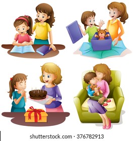 Mother and child doing different activities illustration