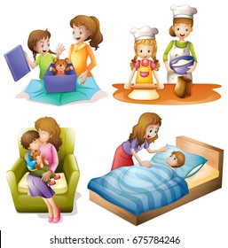 Mother and child doing different activities illustration