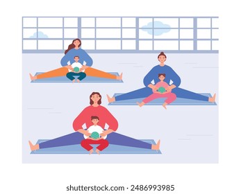 Mother and child doing yoga together, attending a special parenting class. Character design. Vector flat illustration