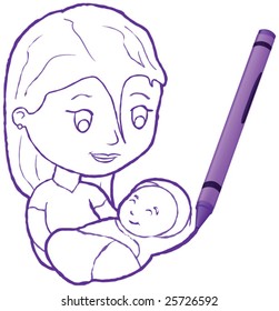 Mother with Child drawn with crayon - vector illustration