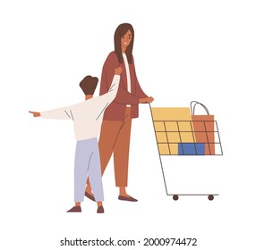 Mother And Child During Shopping. Woman And Kid Pushing Supermarket Cart Full Purchases In Bags And Boxes. Happy Family With Trolley. Flat Vector Illustration Of Buyers Isolated On White Background