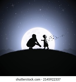 Mother and child. Dying girl silhouette. Death, afterlife. Full moon