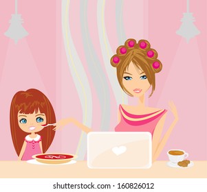 Mother and child eating  in a hurry 