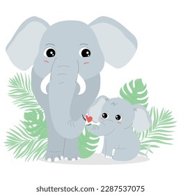 Mother and child elephant. Cute cartoon vector illustration