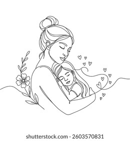 Mother and Child Embrace Line Art with Hearts and Flowers