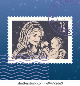 Mother and Child. Engraving. Vector illustration. Postage Stamp. Mark. Postcard.