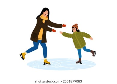 Madre e hijo disfrutan del patinaje sobre hielo juntos en un día de invierno en un entorno de parque alegre