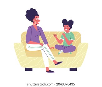 Mother and child or family counselor talking frankly, flat vector illustration isolated on white background. Confidential conversation between parent and child.