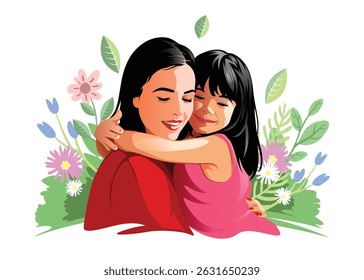 Mother and Child with flowers and leaves as a background-vector Illustration.