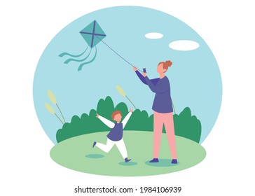 Mutter und Kind, die einen Drachen fliegen - Grafische Illustration