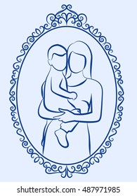 Mother and child in the frame. Outline drawing. Vector illustration.