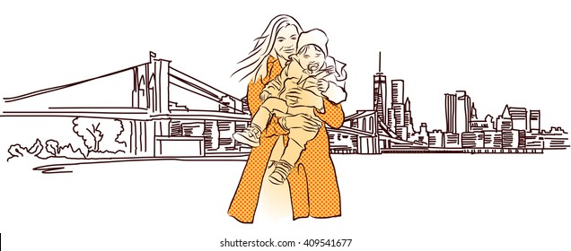 Mother with Child in Front of New York Panorama, Vector Hand Drawn Sketch