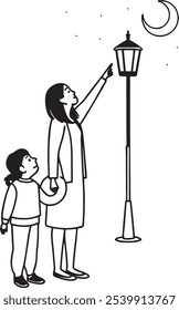A mother and child gaze up at the night sky, pointing to stars and a crescent moon next to a streetlamp. This illustration shows wonder, exploration, and familial bonding.