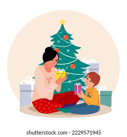 Mother and child give gifts to each other. Christmas or New Year illustration. EPS 10.